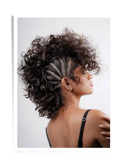 This creative mohawk style with intricate side braids was created by our student Prashant for his portfolio. It showcases his skill with curly hair and his ability to create edgy, high-fashion looks.