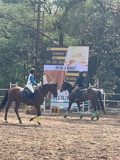 Two horse and rider pairs in the warm-up arena at Japalouppe. Our horses are seasoned competitors, remaining calm and focused in the bustling environment of a show.