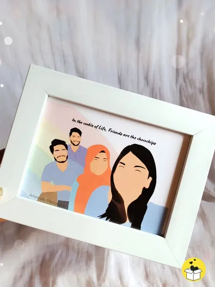 A hand holds the "chocochips" friendship frame, giving a clear view of the custom digital art and the thoughtful quote, perfect for a budget-friendly gift.
