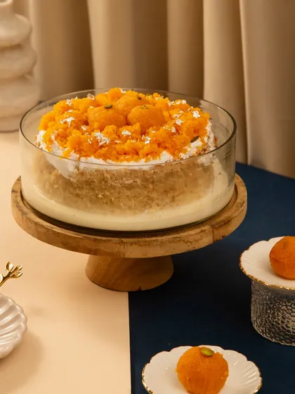 My Motichoor Tres Leches is a delightful fusion of traditional and modern flavors. It’s the perfect centerpiece for festive celebrations like Rakhi, blending the classic soaked cake with the beloved taste of motichoor ladoo.