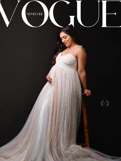 A Vogue-inspired magazine cover edit for influencer Palak Vij, turning her maternity portrait into a high-fashion statement.
