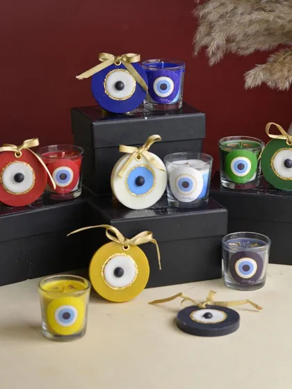 My Evil Eye candles are now available in a range of vibrant colors, each with its own meaning. From blue for peace to red for courage, choose the vibe you want to embrace.