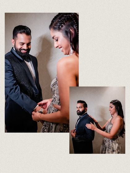 A collage of sweet, candid moments as the couple helps each other get ready for their after-party.