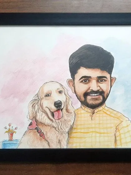 The final framed caricature of a man and his best furry friend.