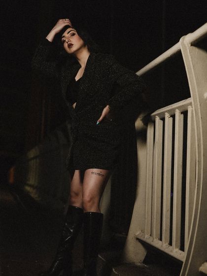 Another angle of the pose, highlighting the silhouette and the edgy vibe of the outfit.