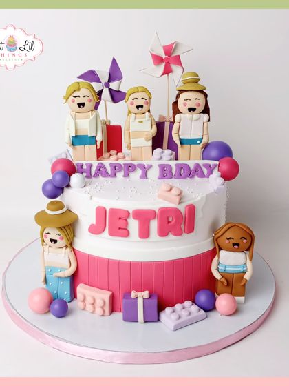 A fun Roblox-themed cake for a girl gamer's birthday. This cake is topped with a custom fondant character and surrounded by game-inspired elements, making it a trendy and personalized choice.