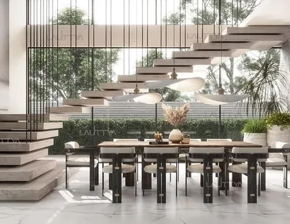 We design dining spaces that are both artistic and functional. In this concept, a suspended staircase appears to float above the dining table, creating a truly unique architectural moment. The combination of raw textures, sculpted chairs, and natural light makes dining an experience in itself.