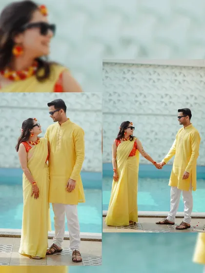 A collage of a couple in matching yellow outfits for their Haldi, holding hands and smiling by the pool.