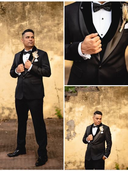 A collage of the groom in his classic black tuxedo. These portraits capture him from different angles, showcasing his sharp look and the details of his suit.