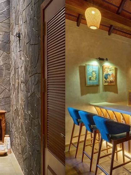 A collage showing a stone-clad wall and a cozy bar area, highlighting the rich textures and materials used throughout the 'Anandi' house.