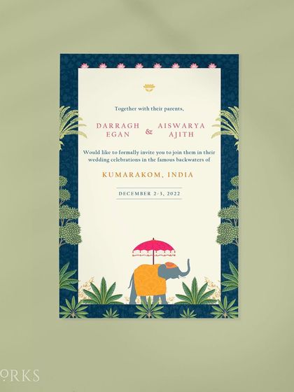 An invitation designed for a wedding in the famous backwaters of Kerala. The artwork features a decorated elephant, a quintessential symbol of celebration in Kerala, framed by lush tropical foliage.
