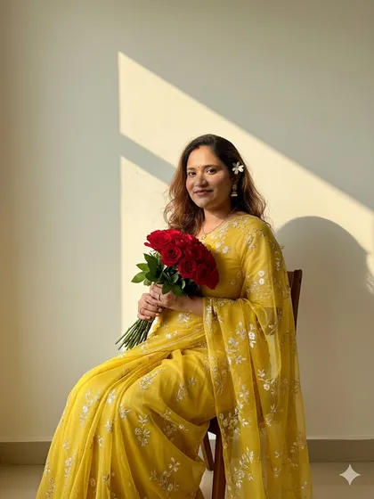 Another shot from my maternity series. A simple yellow saree, a flower in my hair, and a bouquet of red roses.