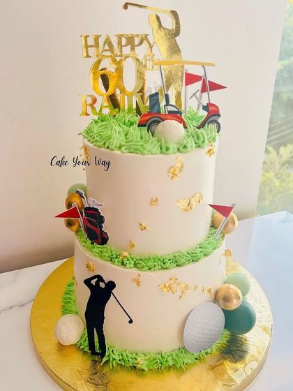Swinging into a 60th birthday with this stylish two-tier golf-themed cake.