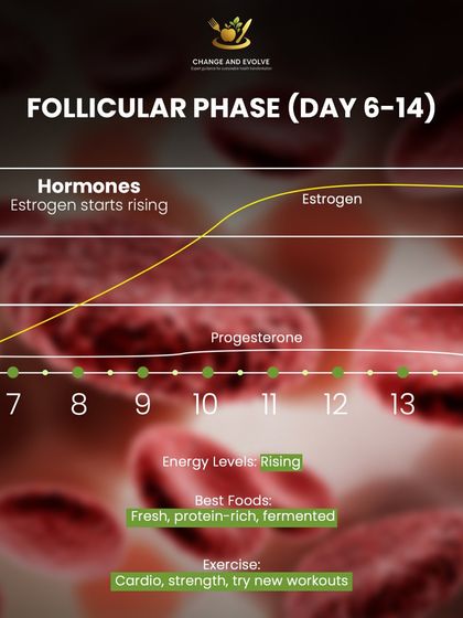 In the follicular phase (Day 6-14), estrogen starts to rise, boosting your energy. This is the time to fuel your body with fresh, protein-rich, and fermented foods and try new workouts.