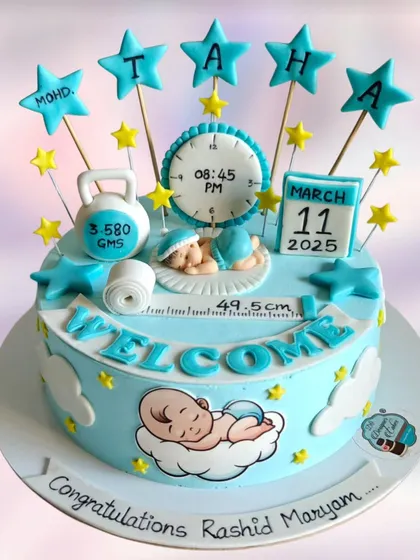 A "Welcome Baby Boy" cake with all the important birth details. The cake includes the baby's name, birth date, time, and weight, making it a wonderful keepsake.