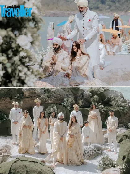 Family portraits and ceremony moments from the Condé Nast Traveller feature of the serene Rishikesh wedding. The all-white dress code created a visually stunning and cohesive look.