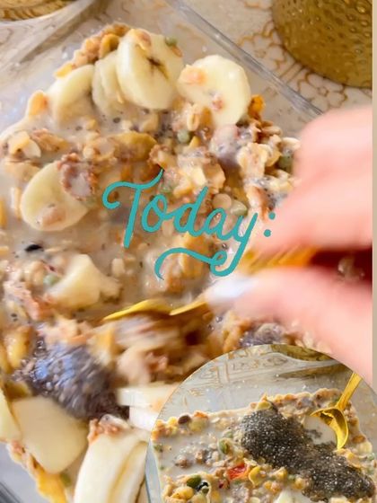 A close-up of my nutritious and happy meal. This bowl of overnight oats is packed with fruits, nuts, and seeds, making it a perfect example of a meal that is healthy and delicious.