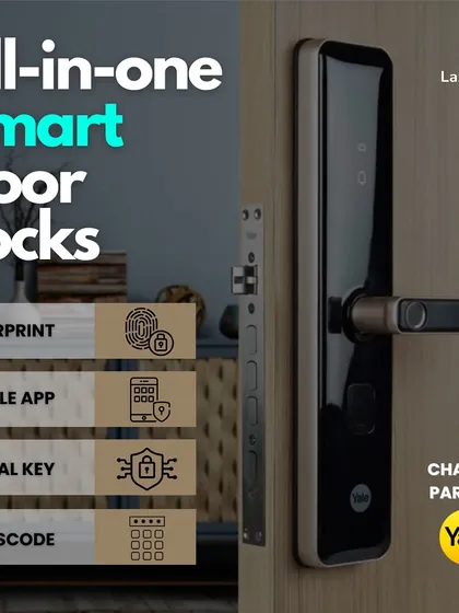 As an official channel partner for Yale, I provide all-in-one smart door locks that offer multiple access methods. This image breaks down the options: fingerprint, mobile app, a manual key for backup, and a passcode.