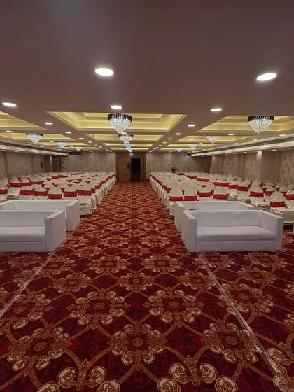 A view from the back of Jashan Banquet hall, showing the seating arrangement and the clear, unobstructed view of the entire hall, thanks to its pillarless design.