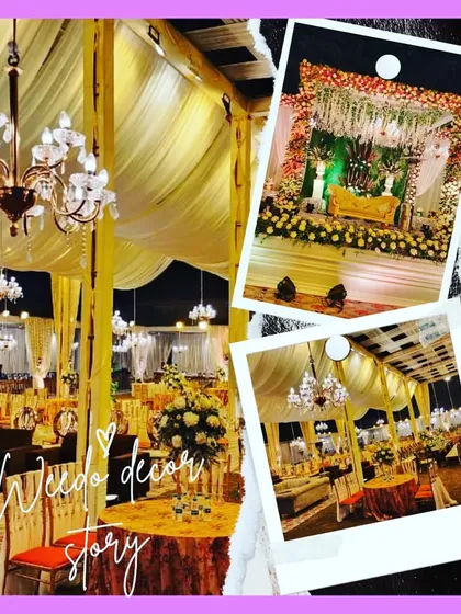 A decor story collage of a yellow-themed wedding. It shows the elegant guest seating with chandeliers and the floral stage, showcasing a complete event design.