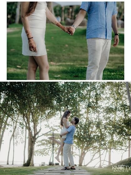 A combination of a close-up on their linked hands and a joyful lift. This pairing shows both the intimate details and the grand, happy moments of their love story.