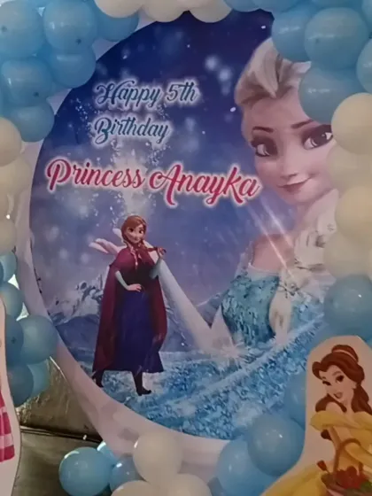 A detailed look at the 'Frozen' birthday backdrop for Princess Anayka's 5th birthday, framed by a beautiful blue and white balloon arch.