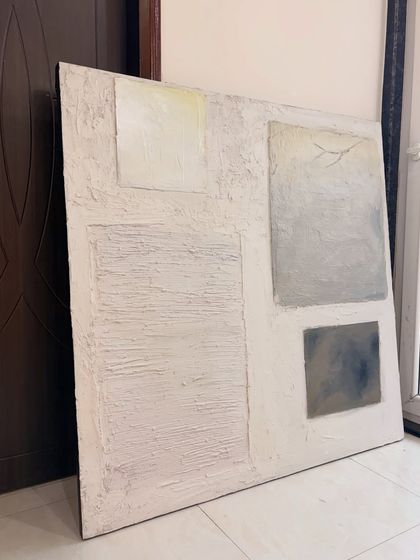 The full view of the large textured canvas before framing. The composition is balanced with blocks of varying textures and subtle color shifts, creating a calming yet engaging piece.