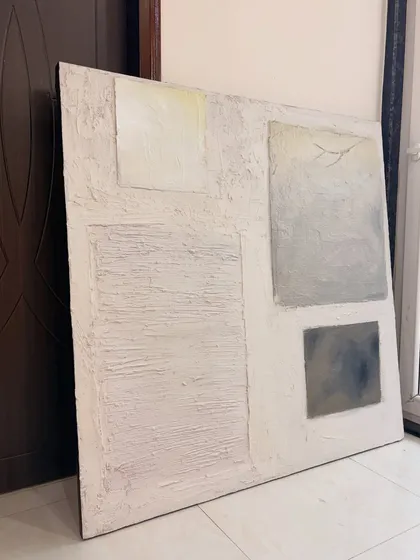 The textured piece for my Houston client, seen before framing. The raw edges and varied textures give it an organic, wabi-sabi feel.