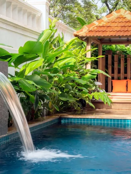 A home should be a retreat for the soul. At Villa Shai in Goa, we designed this tranquil plunge pool and cabana, surrounded by lush tropical greenery, to create a private oasis for relaxation and escape.