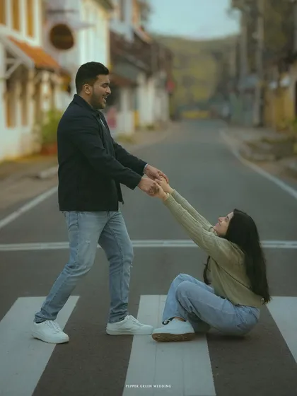 A fun and quirky moment on a crosswalk. I love to find creative ways to tell a couple's story using the urban environment.