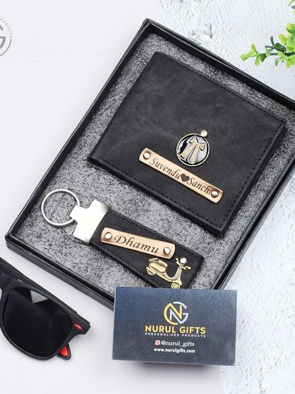 A personalized denim wallet and keychain set, perfect for a couple, with 'Surendra' and 'Sanchi' names.