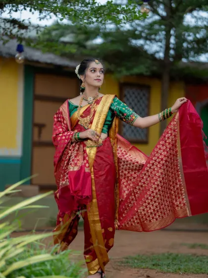 A student's work featuring a traditional Coorgi-style saree drape, an important variation we teach in our saree draping workshop.