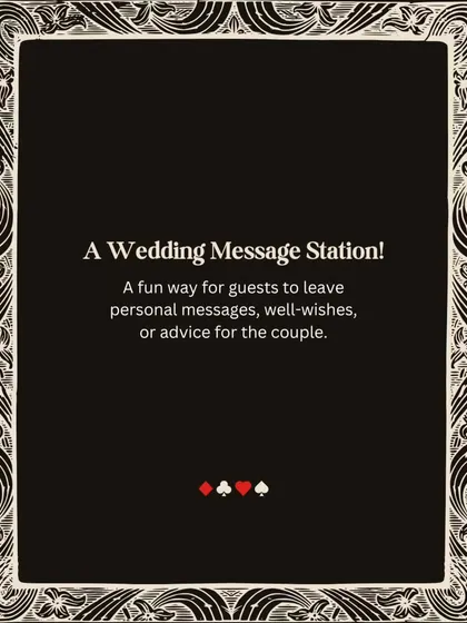 A sign for the wedding message station, designed with a playful card theme to encourage guests to participate.
