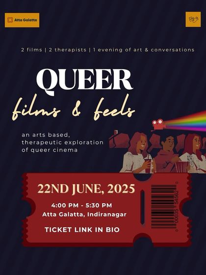Poster for 'Queer Films & Feels', a therapeutic exploration of queer cinema.