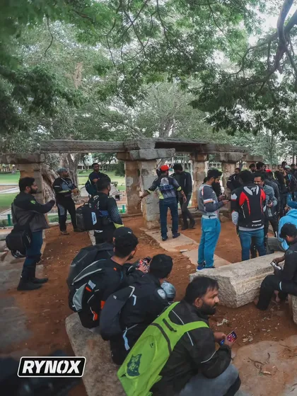 Taking a break at the beautiful Bhoga Nandishwara Gudi during our ride with Rynox. It's always great to explore scenic spots with a lively crowd.