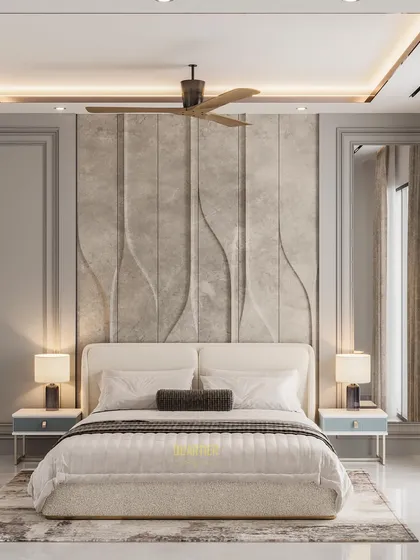 A master bedroom design that blends European elegance with Scandinavian simplicity. The feature wall has customized wavy paneling, while the opposite wall includes an integrated TV unit and workstation in a calming pastel blue.