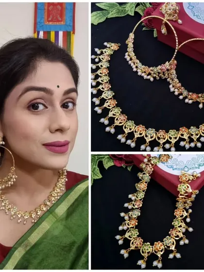 Here is a full view of our gold-plated Jadau Kanti necklace set. It features a delicate necklace paired with stunning oversized hoop earrings, or chandbalis. It’s a complete, ready-to-wear look that feels both traditional and incredibly chic.