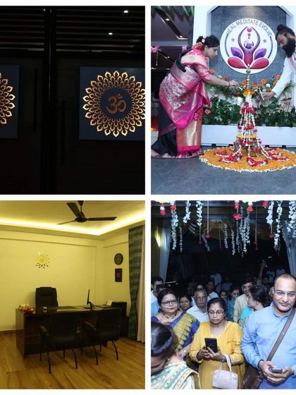 A collage showcasing the interior and exterior details of the new Spiritual Centre. It features the 'Om' signs at the entrance, the main office, and the lamp lighting ceremony, giving a feel for the completed space.