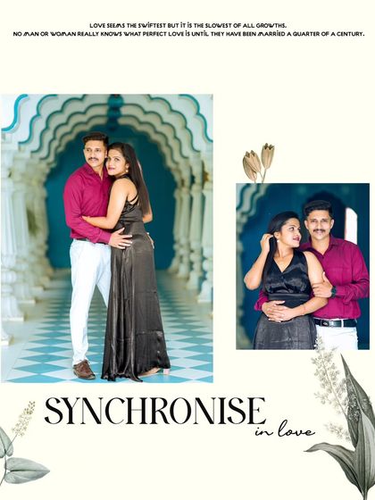 This collage captures the couple's connection in a unique, ornate hallway, with the design emphasizing their synchronization in love.