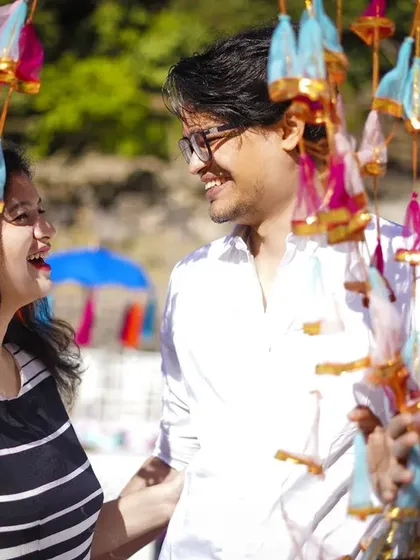 A playful and happy moment captured during a pre-wedding shoot, showing the fun and laughter that is part of your journey.