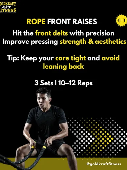 Use Rope Front Raises to hit the front delts with precision. This exercise improves pressing strength and aesthetics. Keep your core tight and avoid leaning back.