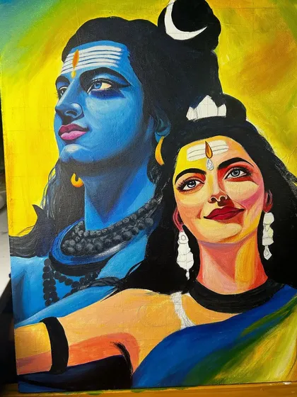 The finished Shiv Parvati painting, showcasing a modern and colorful interpretation. This 18x14 inch acrylic piece is varnished and available for sale.