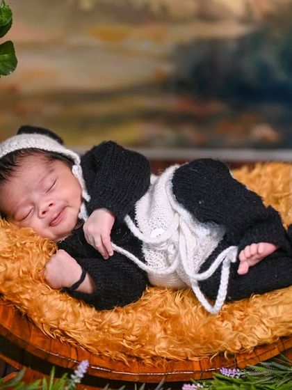 Another angle of the newborn panda theme, showing the baby peacefully sleeping amongst the plush pandas.