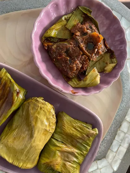Our Pollichathu is also available in vegetarian options, like this one made with eggplant and sweet potato. The banana leaf wrap infuses the vegetables with a unique smoky aroma.