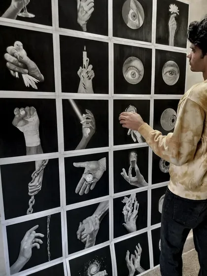 Arranging the pieces for the final photo. It was satisfying to place each drawing into the grid and see the full series emerge.