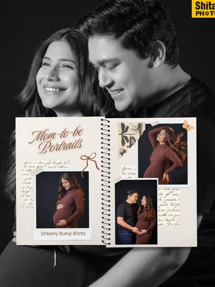 This image creatively combines color and black and white photography in a scrapbook theme. It highlights the "dreamy bump shots" as precious memories being recorded in their family story.