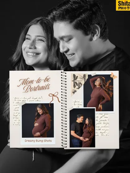 This 'Mom-to-be Portraits' collage uses a scrapbook theme to showcase dreamy bump shots against a larger, emotional black and white background photo.