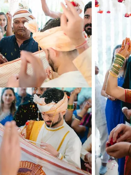 A collage showing the couple and their families participating in the fusion wedding rituals. It highlights the blending of traditions and the joyous involvement of everyone present.