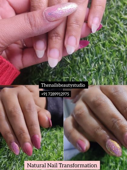 A beautiful transformation on natural nails, featuring a soft pink and glitter ombré overlay.