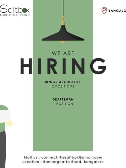 The Saltbox Architecture & Interiors in Bangalore has two positions open for Junior Architects, presented in a clean, minimalist ad.